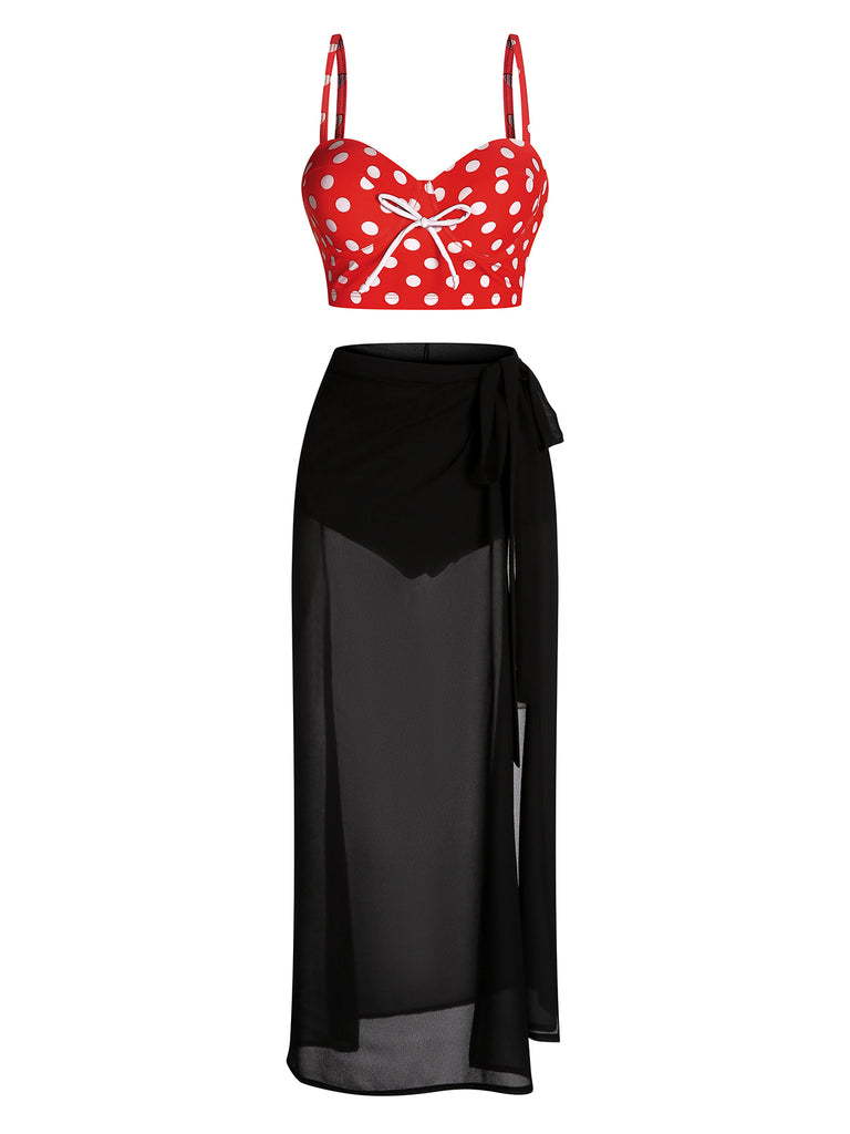 Red 1950s Strap Polka Dot Bikini Set