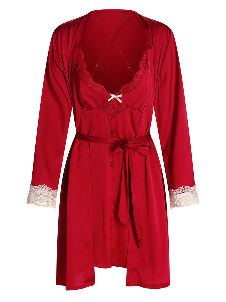 2PCS Red 1960s Lace Patchwork Nightgown