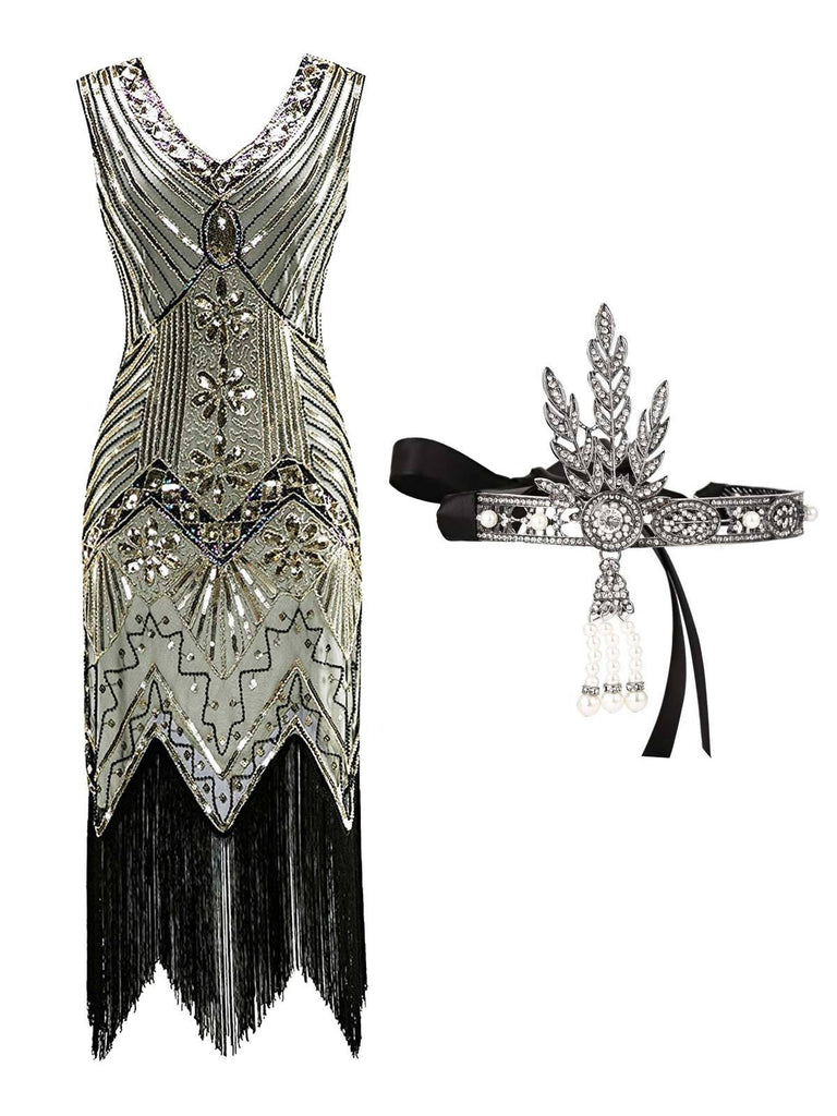 2PCS Top Seller Champagne 1920s Dress & Headband