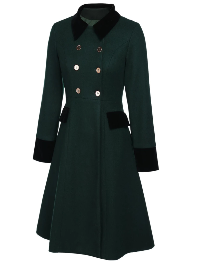 Dark Green 1940s Solid Button Coat - vintage fashion, retro style