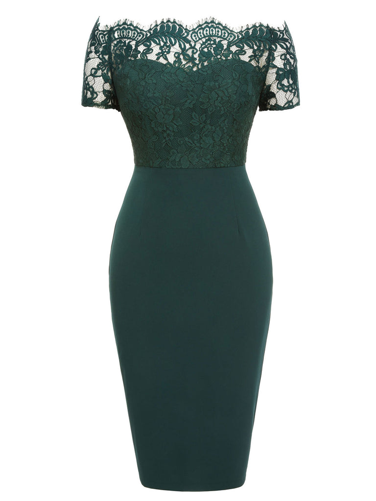 Dark Green 1960s Lace Off-shoulder Dress Dark Green 1960s Lace Off-shoulder Dress