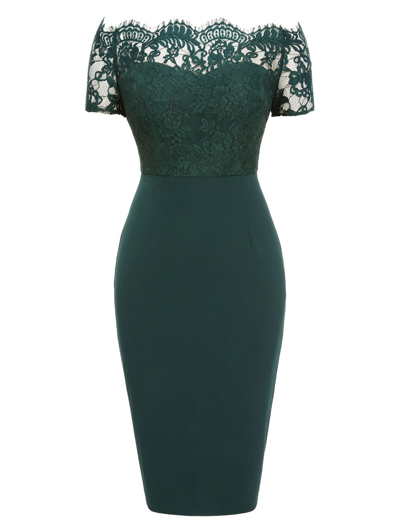 Dark Green 1960s Lace Off-shoulder Dress