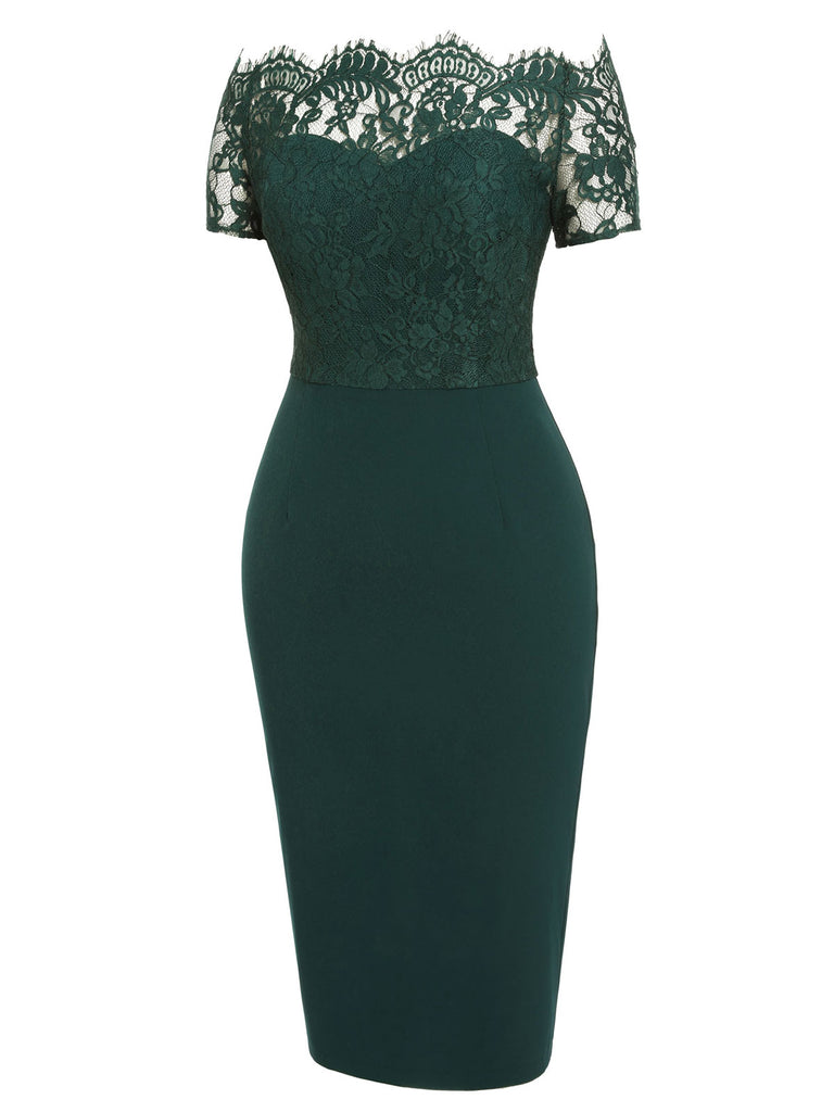 Dark Green 1960s Lace Off-shoulder Dress | Retro Stage Dark Green 1960s Lace Off-shoulder Dress | Retro Stage
