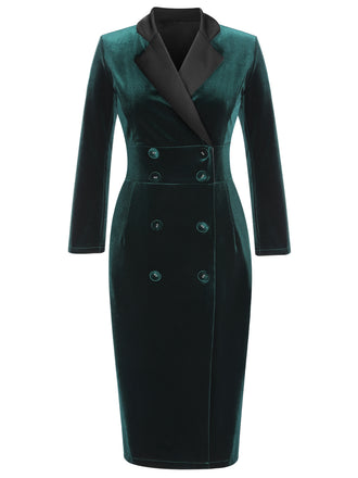 Dark Green 1960s Lapel Button Velvet Dress: timeless style reimagined