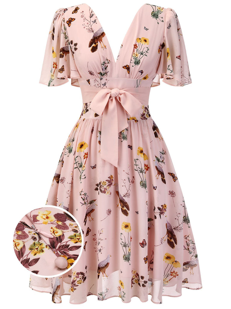 Front view: vintage Pink Flowers And Birds Bowknot V-Neck Dress, perfect for vintage themed parties and retro fashion enthusiasts