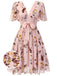 Front view: vintage Pink Flowers And Birds Bowknot V-Neck Dress, perfect for vintage themed parties and retro fashion enthusiasts