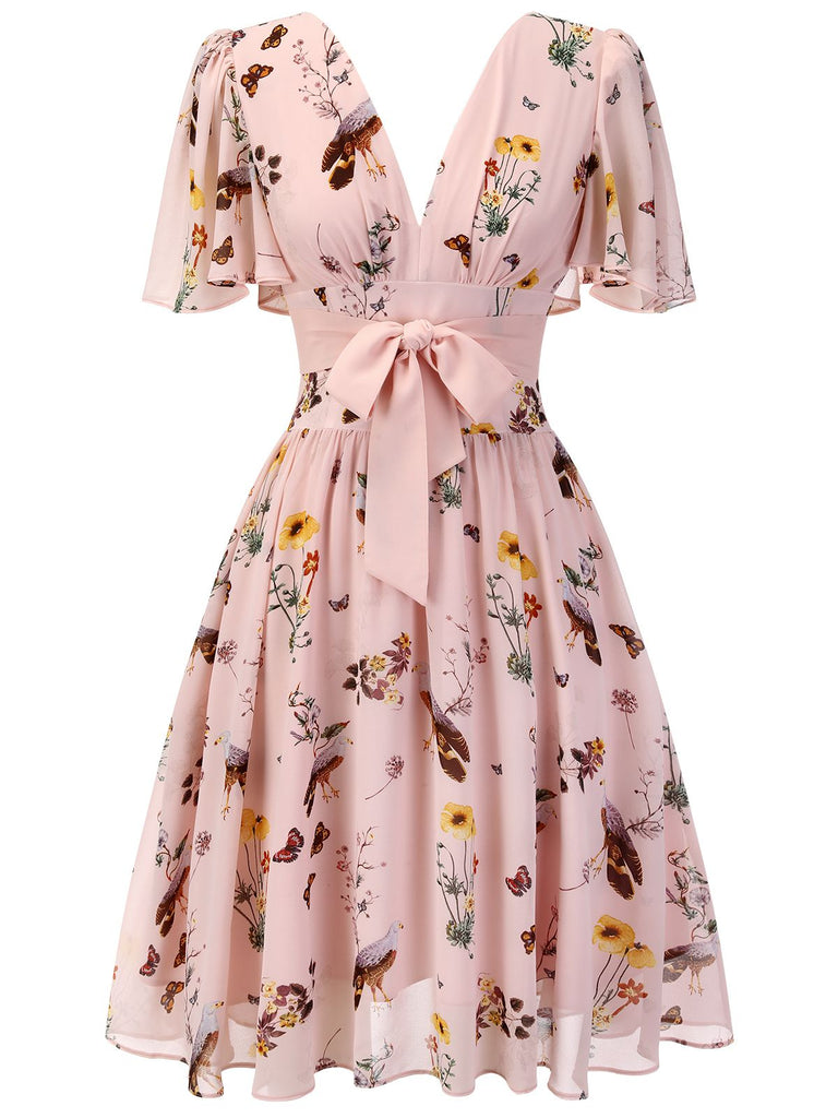 Side view: vintage Pink Flowers And Birds Bowknot V-Neck Dress, perfect for vintage themed parties and retro fashion enthusiasts