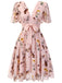 Side view: vintage Pink Flowers And Birds Bowknot V-Neck Dress, perfect for vintage themed parties and retro fashion enthusiasts