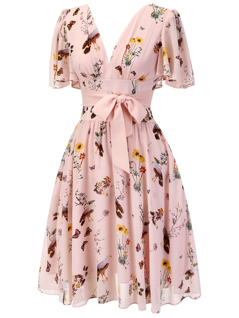 Back view: vintage Pink Flowers And Birds Bowknot V-Neck Dress, perfect for vintage themed parties and retro fashion enthusiasts