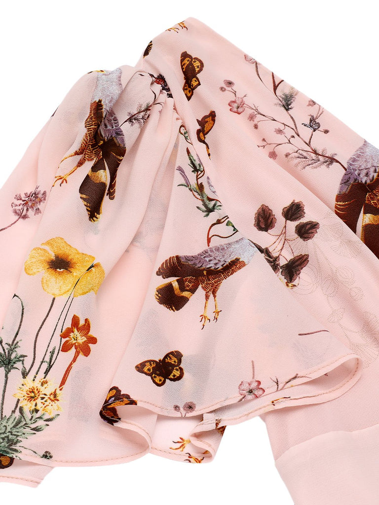Close-up: vintage Pink Flowers And Birds Bowknot V-Neck Dress, perfect for vintage themed parties and retro fashion enthusiasts