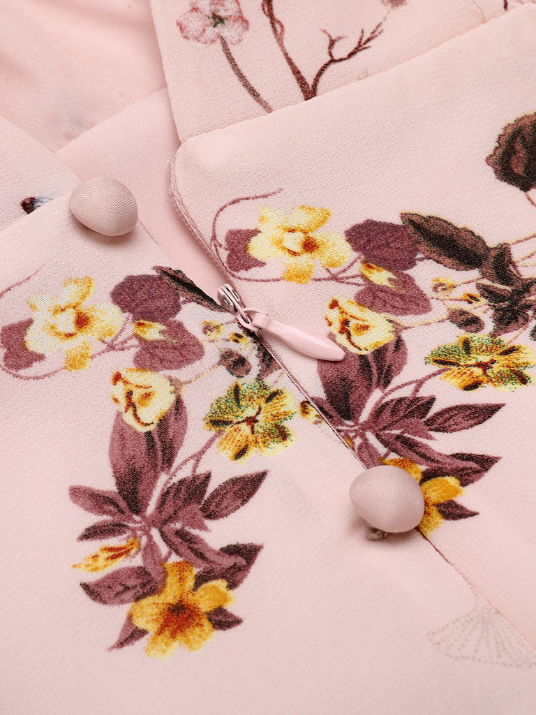 Close-up: vintage Pink Flowers And Birds Bowknot V-Neck Dress, perfect for vintage themed parties and retro fashion enthusiasts