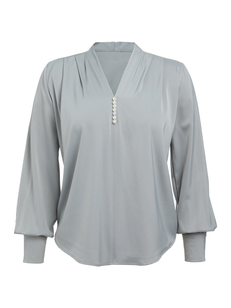 1930s Retro Solid V-neck Puff Sleeve Blouse