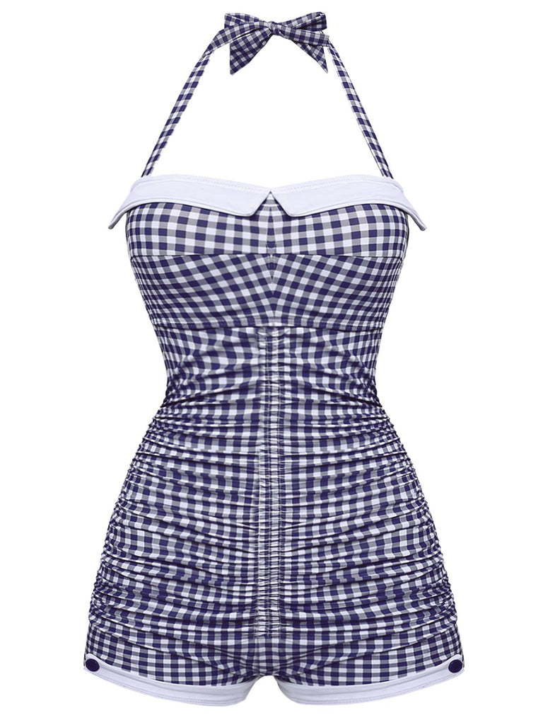 Tummy Control Gingham Bowknot One Piece Swimsuit for Vacation Swimming Pool Beach, Blue Tummy Control Gingham Bowknot One Piece Swimsuit for Vacation Swimming Pool Beach, Blue
