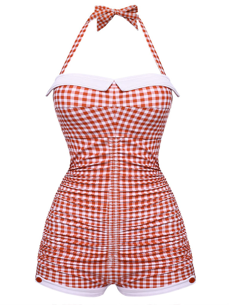 Gingham 1950s Halter Bowknot One-piece Swimsuit, classic vintage style summer beach collection - Image 2