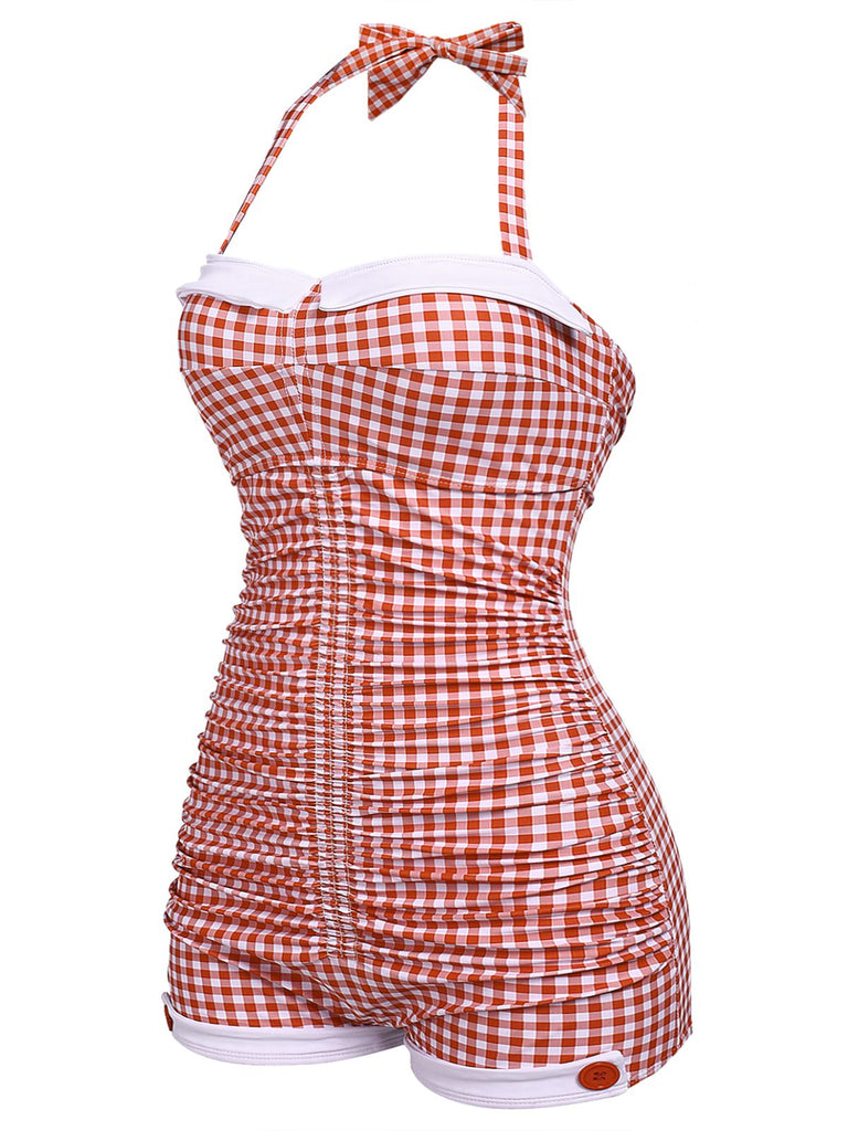 Gingham 1950s Halter Bowknot One-piece Swimsuit: timeless style reimagined