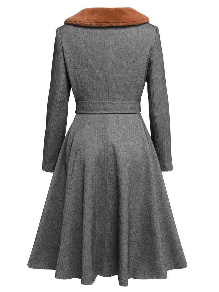 vintage winter dress Vintage A-Line Grey Wool Blend Swing Faux Fur Collar Double Breasted Coat
