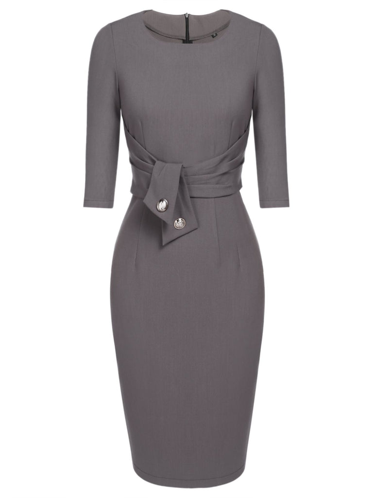 Retro Stage Solid Belt Half-sleeve Bodycon Pencil Dress Gray Retro Stage Solid Belt Half-sleeve Bodycon Pencil Dress Gray