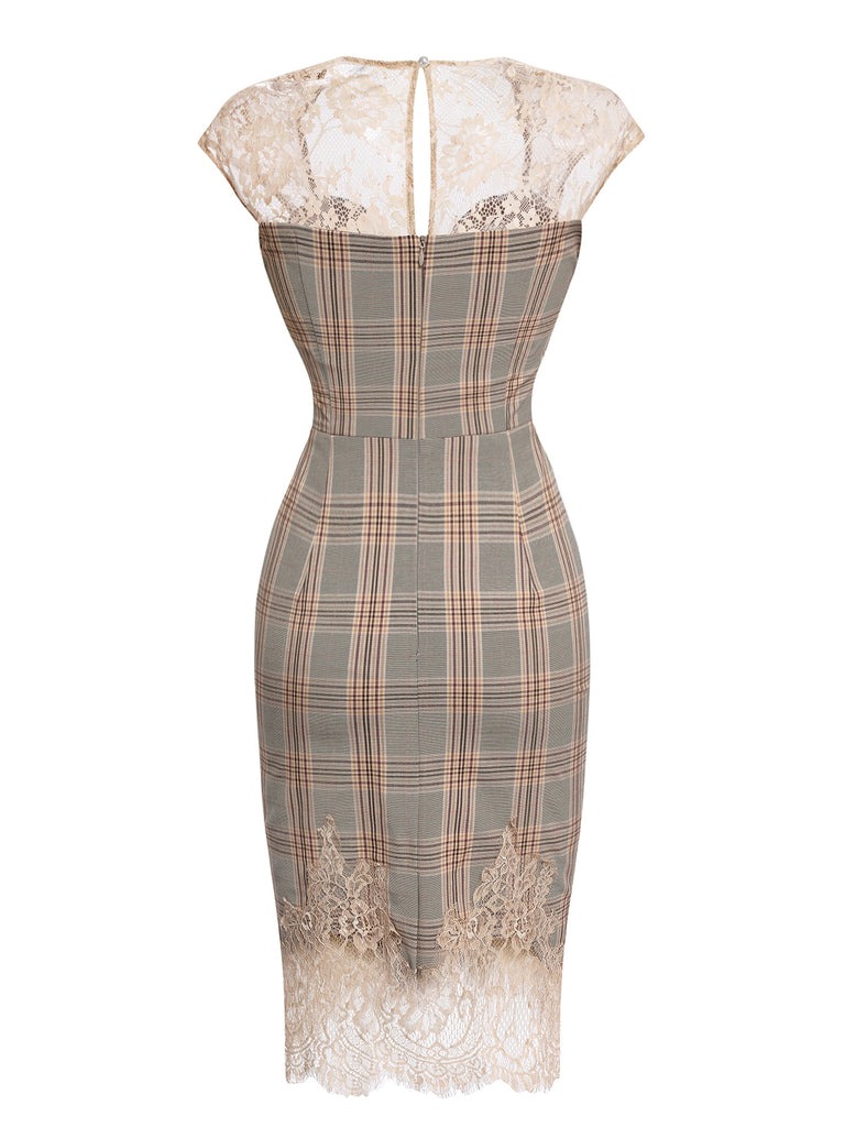Vintage Plaid Lace Trim Pencil Dress for Cocktail Party Date Night Vintage Plaid Lace Trim Pencil Dress for Cocktail Party Date Night