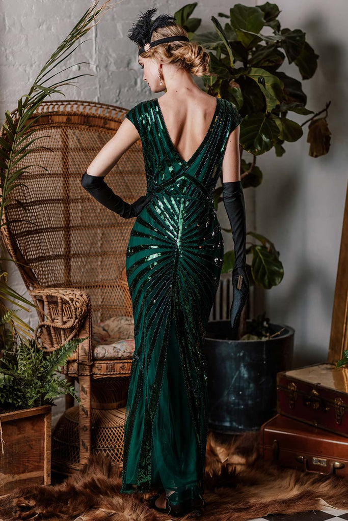 Green 1920s Sequin Art Deco Maxi Dress — vintage elegance for the modern woman