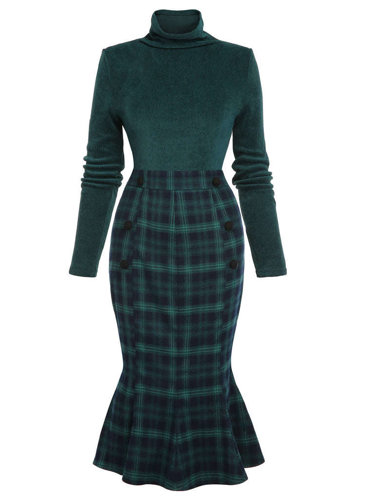 Retro Stage Plaid Turtleneck Fishtail Dress Green Retro Stage Plaid Turtleneck Fishtail Dress Green