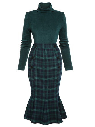 Green 1930s Plaid Turtleneck Fishtail Dress: timeless style reimagined