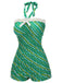 Green 1930s Stripe Off-Shoulder Halter Swimsuit, vintage swimsuit, pin-up swimwear - perfect for women who love vintage and retro fashion