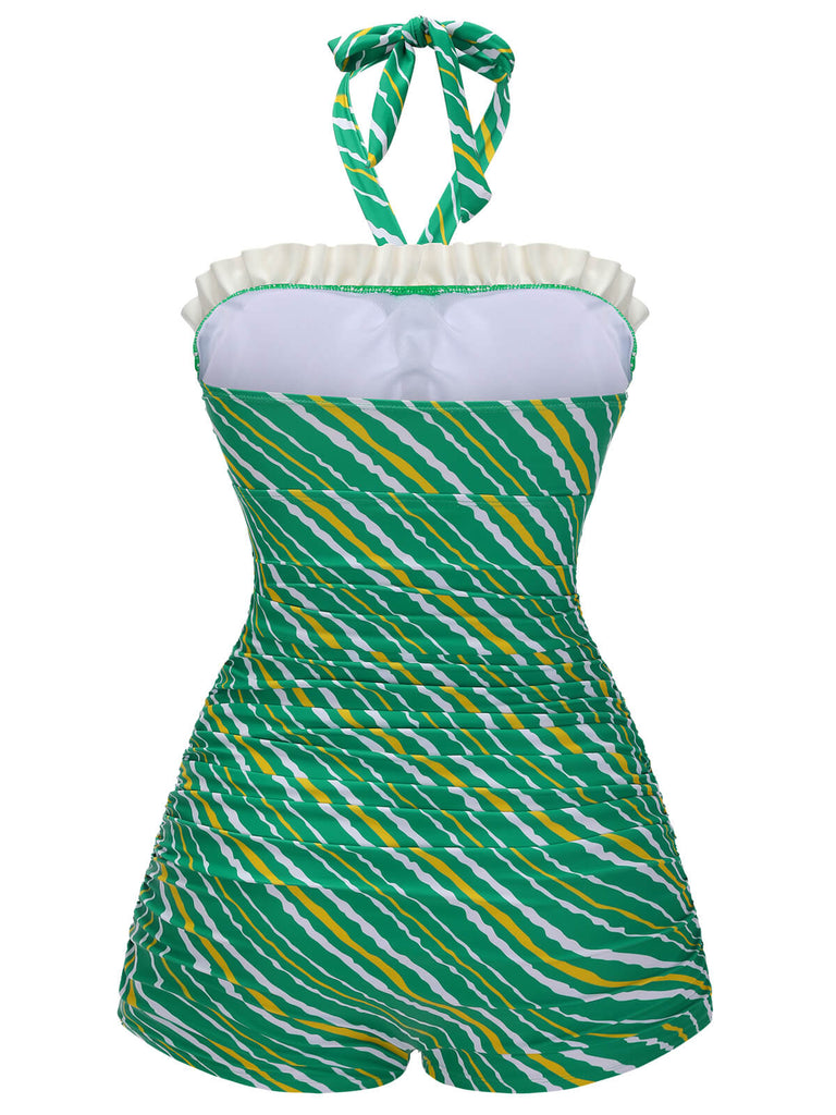 Green 1930s Stripe Off-Shoulder Halter Swimsuit, vintage swimsuit, pin-up swimwear - perfect for women who love vintage and retro fashion