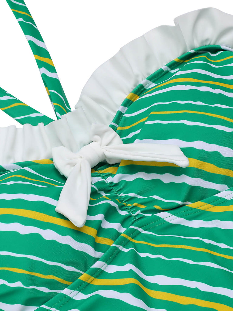 Green 1930s Stripe Off-Shoulder Halter Swimsuit, vintage swimsuit, pin-up swimwear - perfect for women who love vintage and retro fashion