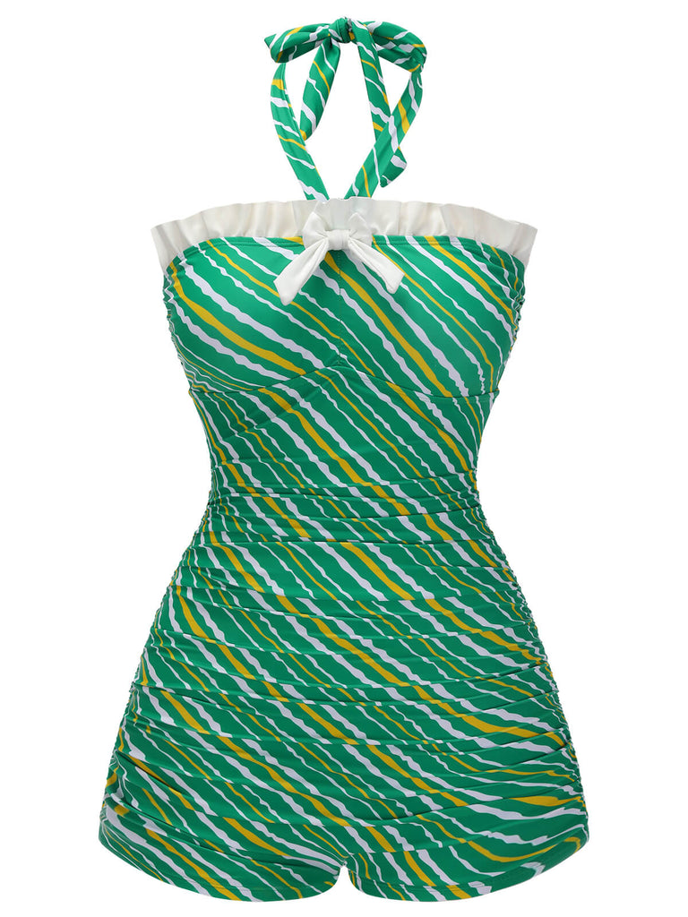 Green 1930s Stripe Off-Shoulder Halter Swimsuit, vintage swimsuit, pin-up swimwear - perfect for women who love vintage and retro fashion