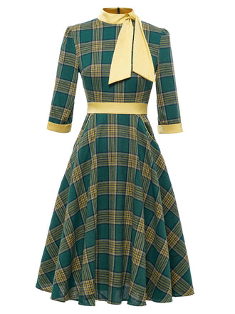 Green 1950s Bowknot Tie Plaid Dress: timeless style reimagined