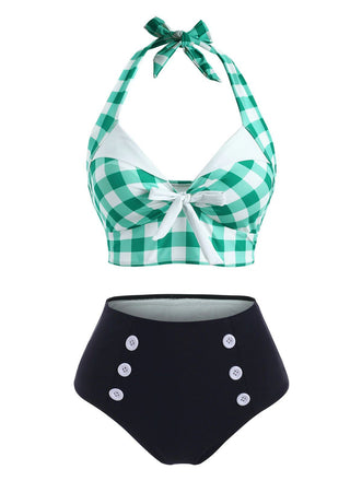 Green 1950s Checked Halter Bowknot Bikini Set - vintage fashion, retro style