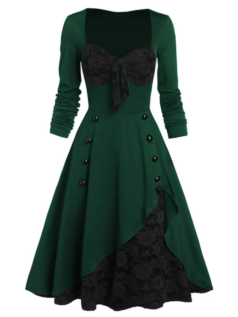 1950s Lace Patchwork Bow-Knot Swing Dress Green
