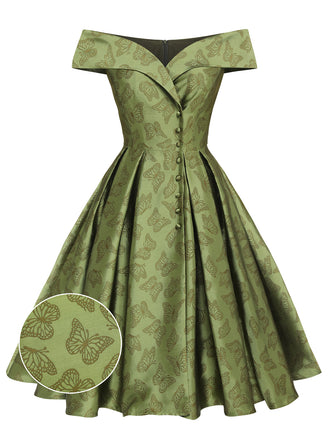 She slips into this Green 1950s Off-Shoulder Vintage Dress and suddenly it's a 1950s daydream