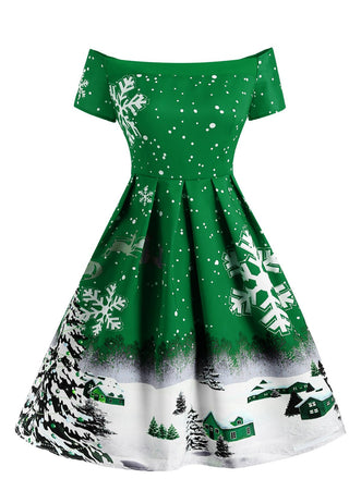 retro stage christmas dress Red 1950s Off-shoulder Snowflake Dress