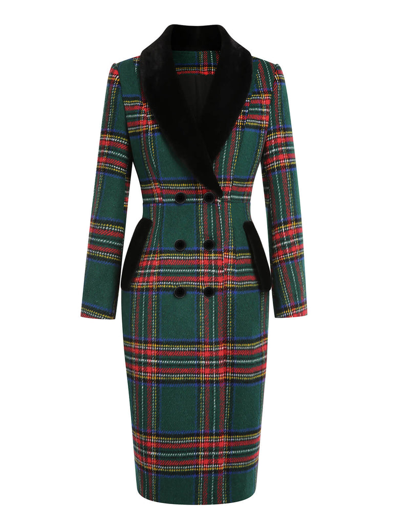Green 1960s Plaid Fur Collar Pencil Coat - vintage fashion, retro style