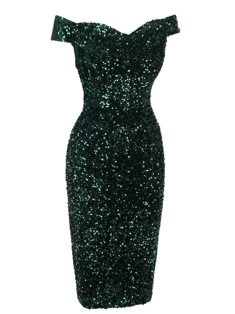 green emerald velvet dress Green 1960s Sequins Off-Shoulder Pencil Dress