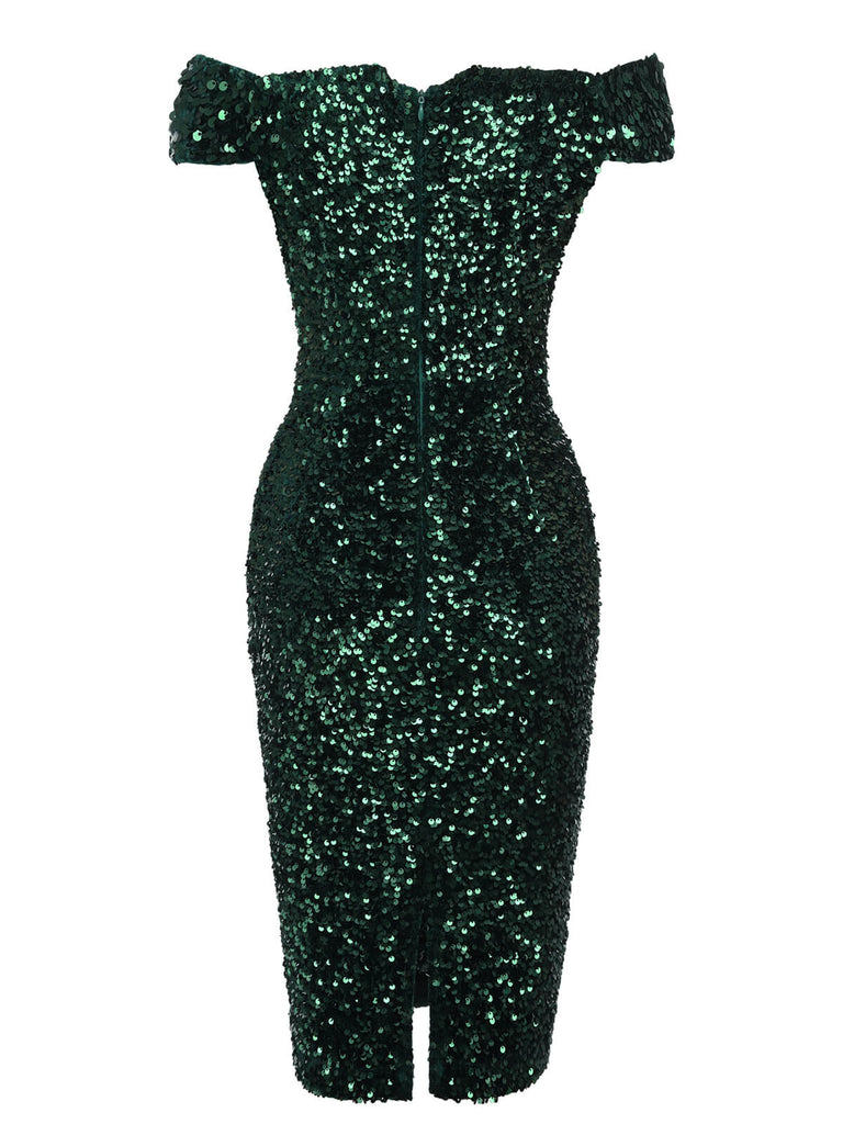 Green 1960s Sequins Off-Shoulder Pencil Dress Green 1960s Sequins Off-Shoulder Pencil Dress