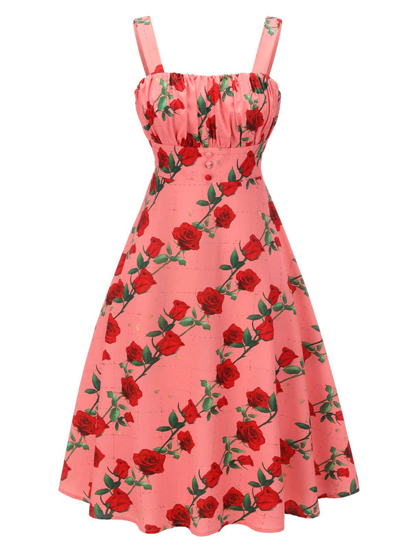 Retro High Waist Suspenders Rose Dress
