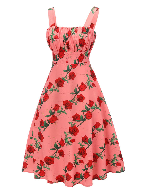 High Waist Suspenders Rose Dress | Retro Stage