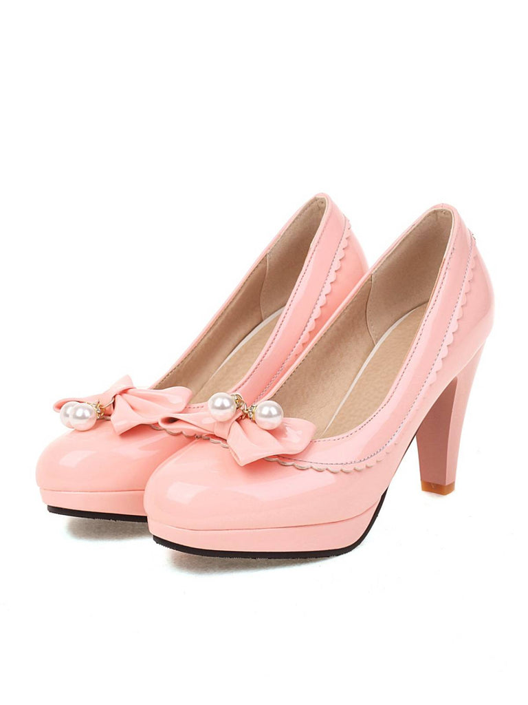 Retro Bow Pearl High Heels Shoes