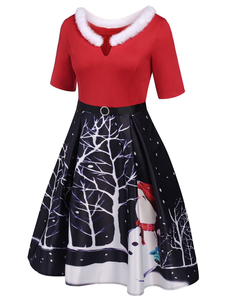 Red 1950s Christmas Fur Collar Dress