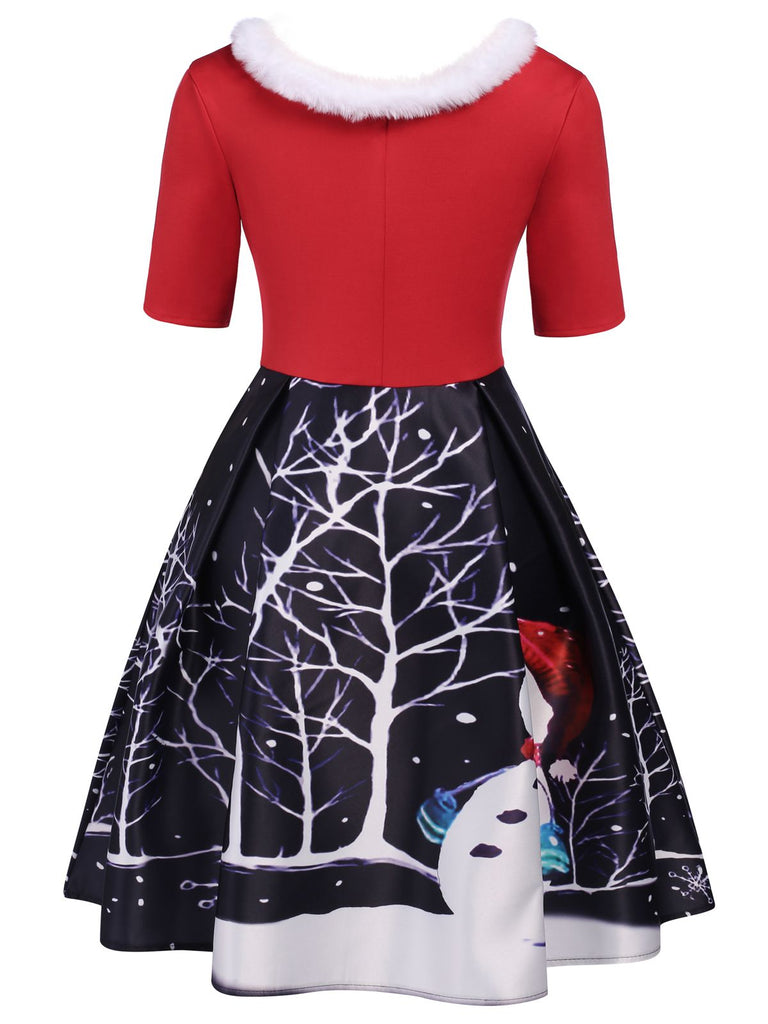 Red 1950s Christmas Fur Collar Dress Retro Stage