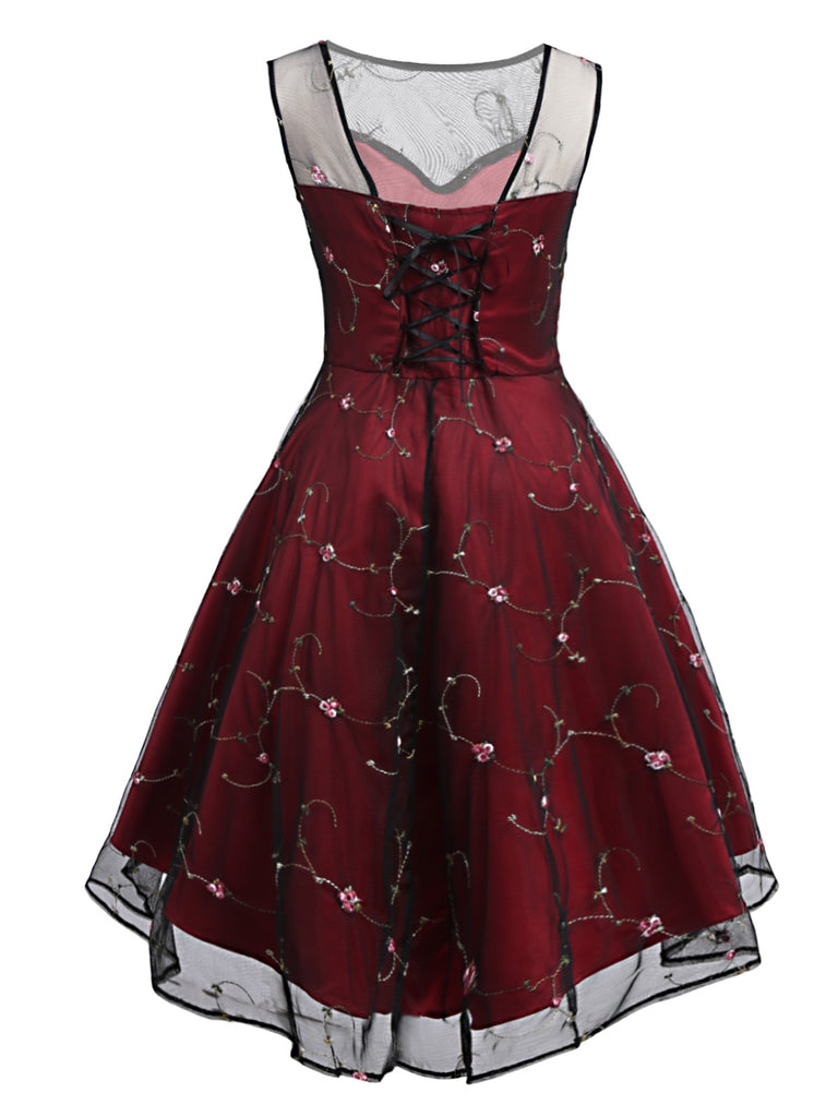 Wine Red 1950s Mesh Hi-Lo Back Lace Up Dress
