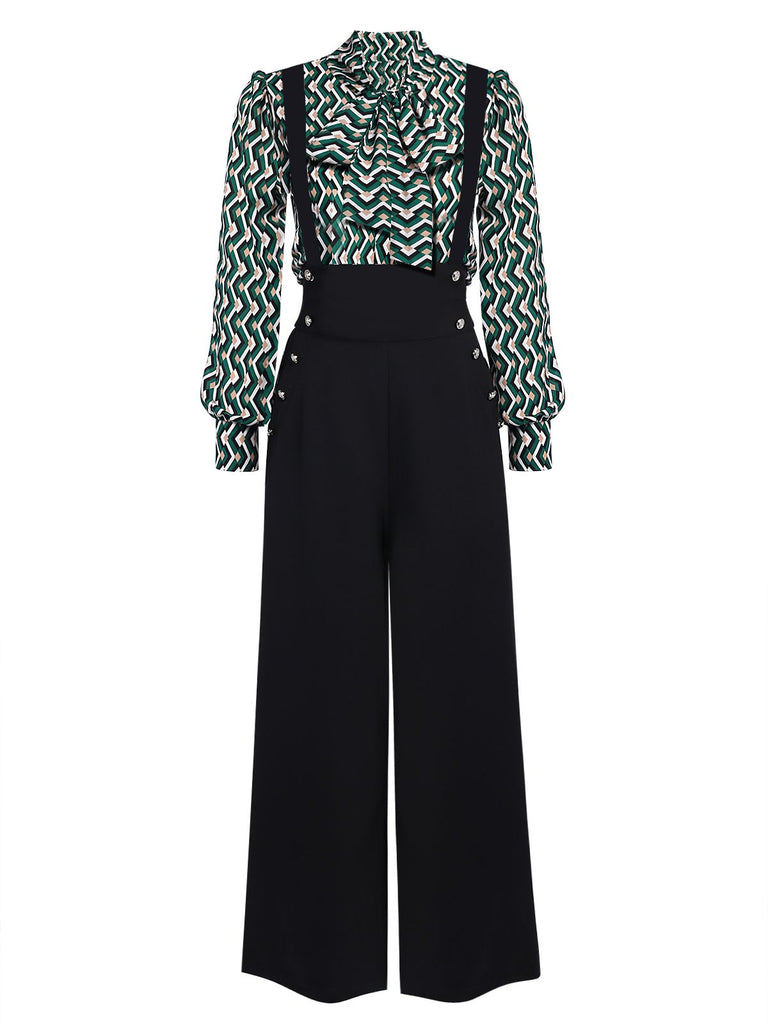 2PCS 1930s Green Tops & Black Pants