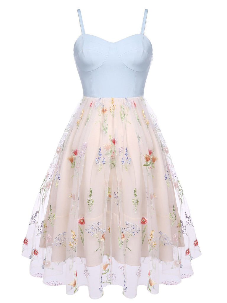 Blue 1950s Floral Embroidery Swing Dress