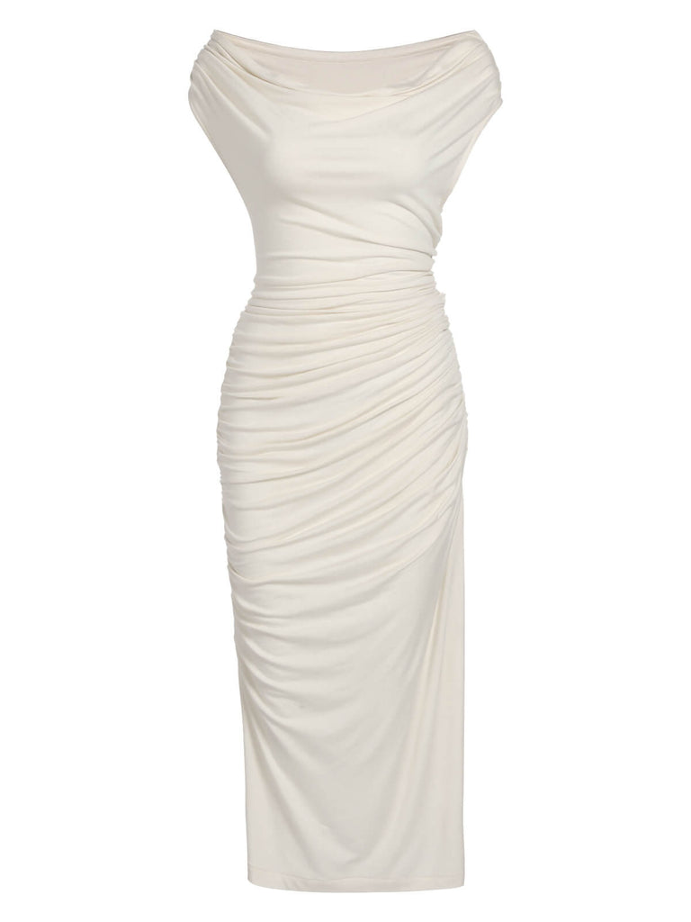 Ivory 1960s Cap Sleeve Slim Pleated Dress | Retro Stage Ivory 1960s Cap Sleeve Slim Pleated Dress | Retro Stage