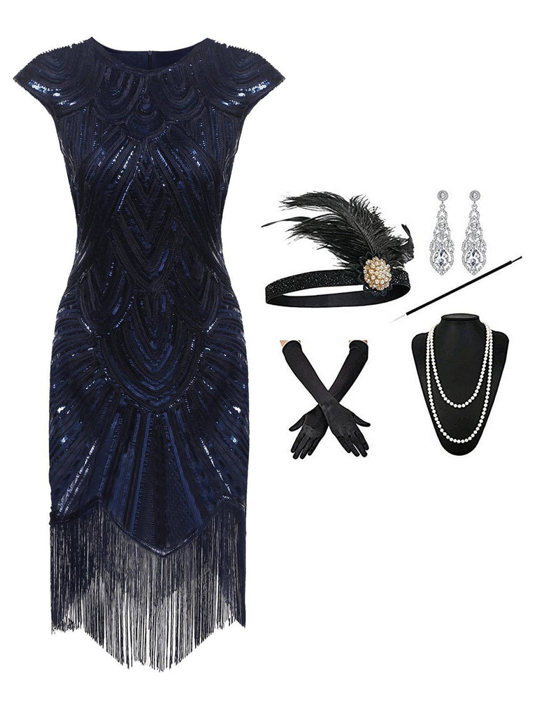2PCS Top Seller Blue 1920s Dress & Accessories Set