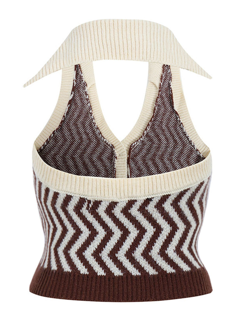 Khaki 1950s Knitting Stripes Halter Button Tops - vintage fashion, retro style
