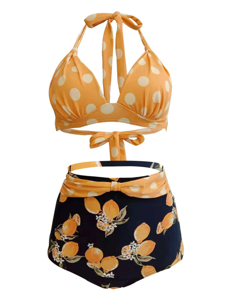 Lemon Polka Dot Halter Bikini: timeless style reimagined