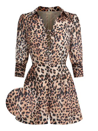 Leopard 1950s Lapel Lace-Up Vintage Romper: timeless style reimagined